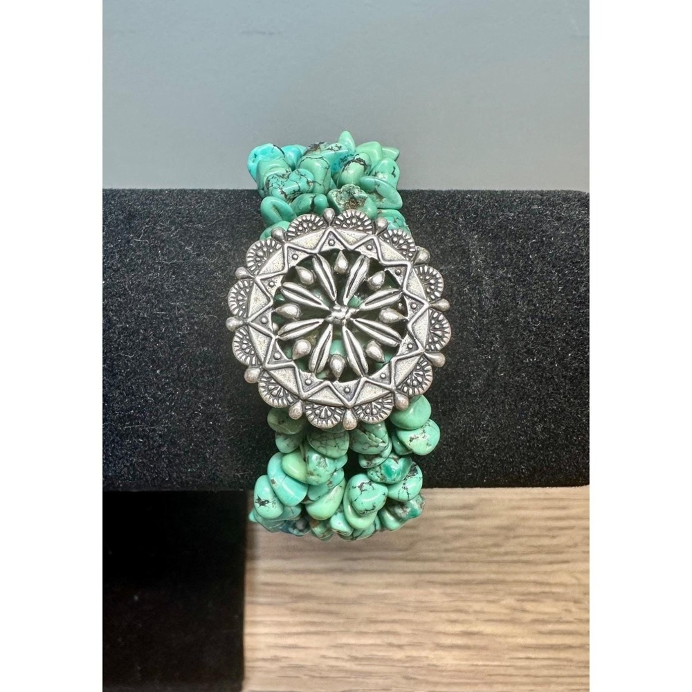 Carolyn Pollack Relios Sterling Silver Turquoise Chip Medallion Stretch Bracelet